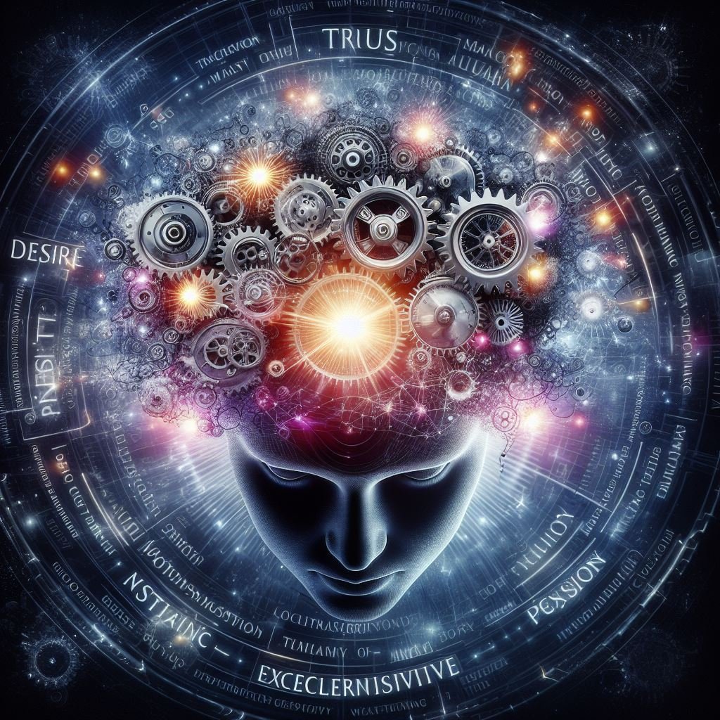 Una representación artística de la mente del consumidor, con engranajes simbolizando el proceso de pensamiento y palabras clave que resaltan los factores que influyen en sus decisiones de compra.